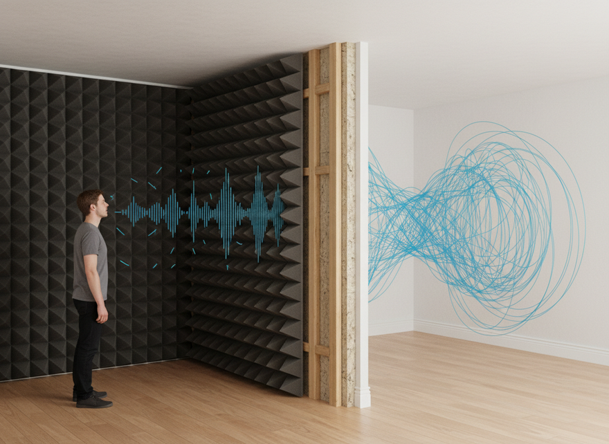Acoustic foam panels on a wall with sound passing through to the next room.