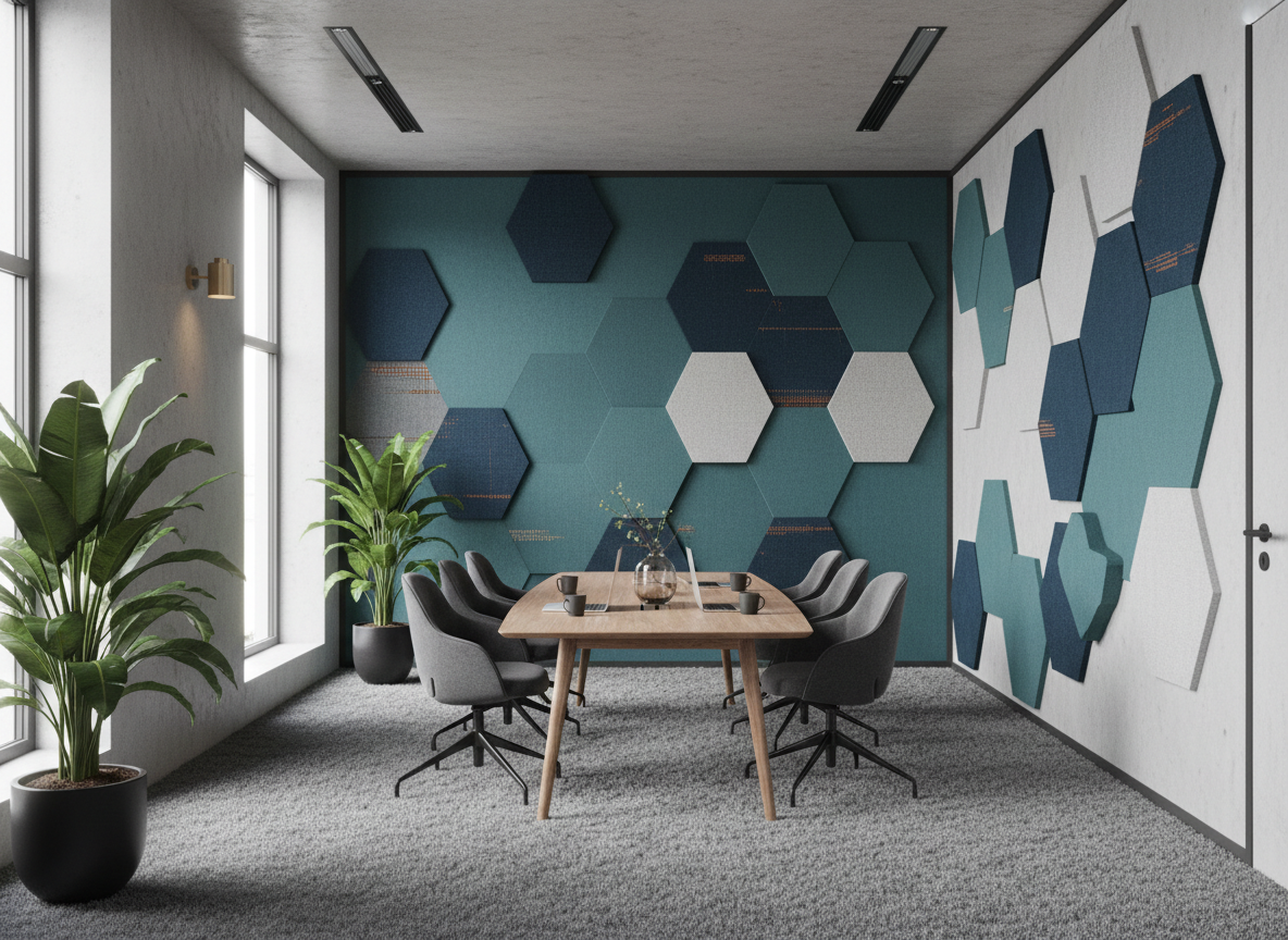 A room visual showing acoustic panels reducing echo in an office.
