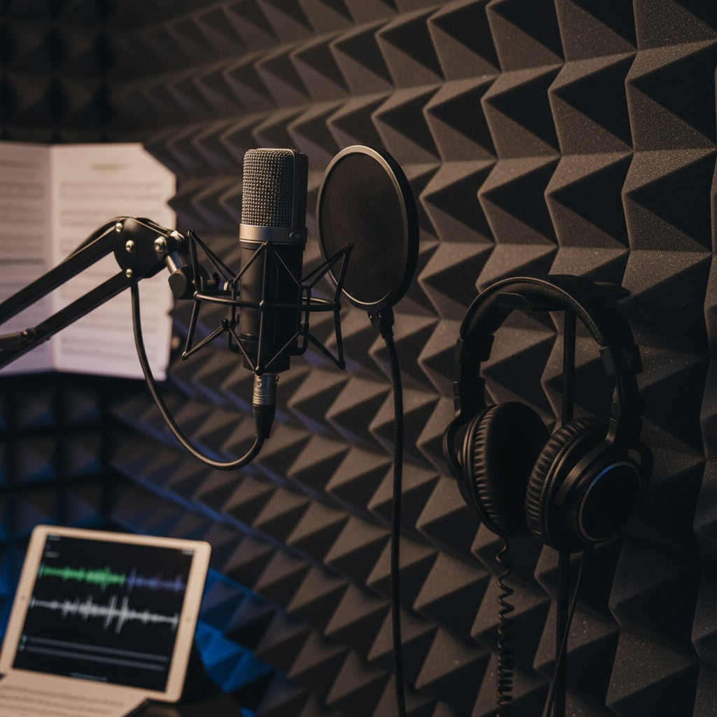 Detailed shot of high-density foam tiles, a studio microphone, and headphones—emphasizing the importance of acoustic foam.