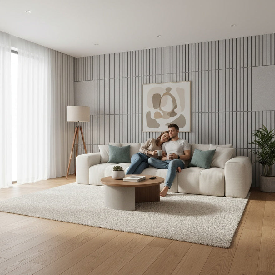 A stylish living room with wooden flooring, soft area rug, and a couple relaxing together, illustrating improved quality of life and peace from floor soundproofing.