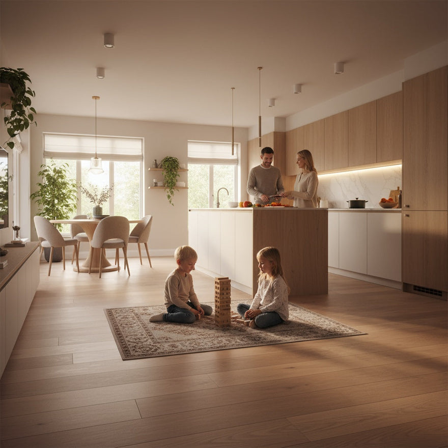 A bright, open-plan kitchen and dining area with hard floors, children playing quietly, and parents preparing a meal, showing the benefits of acoustic underlay in a lively home.