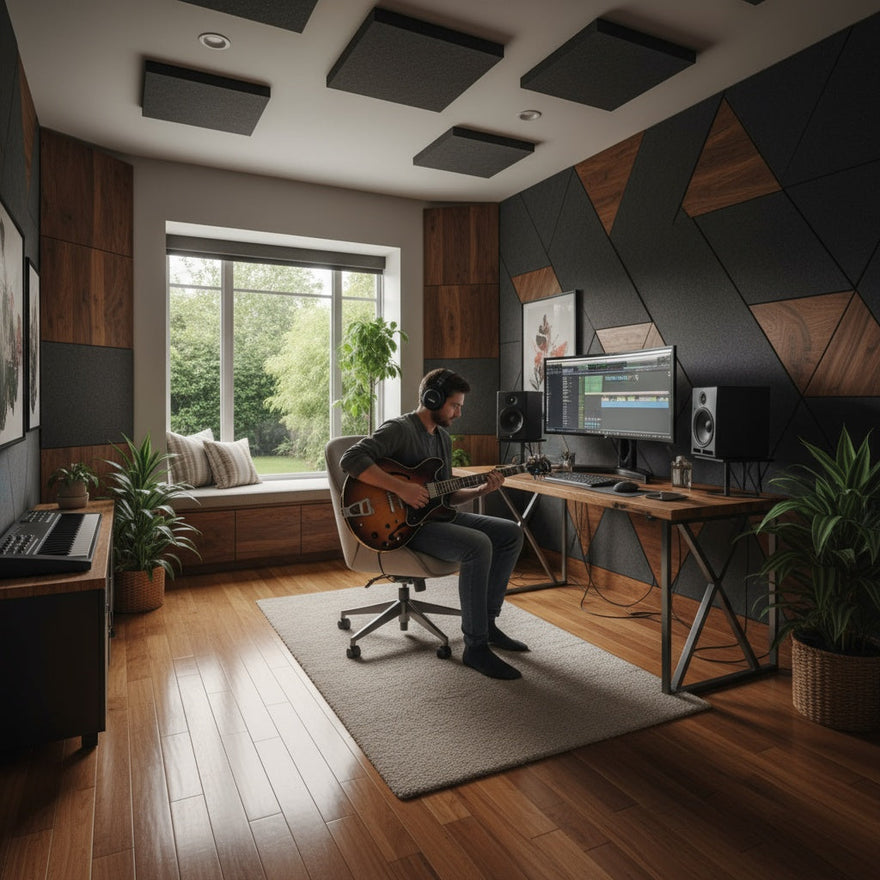 A modern home office or music studio with wood floors and acoustic panels, where a person enjoys a quiet, focused environment thanks to effective floor soundproofing.