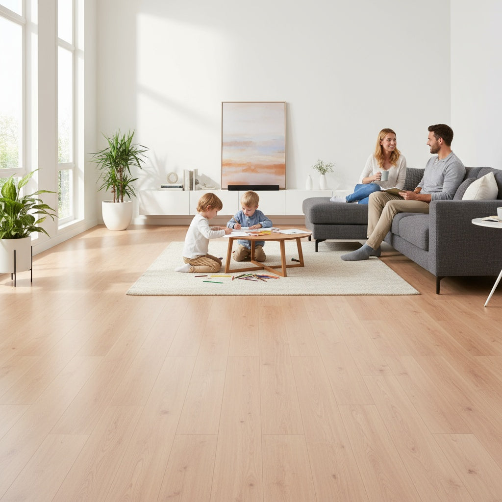 A modern, sunlit living room with stylish laminate flooring, children drawing at a low table, parents chatting nearby, and a peaceful atmosphere—visually representing the comfort and acoustic benefits of underlay beneath laminate flooring.