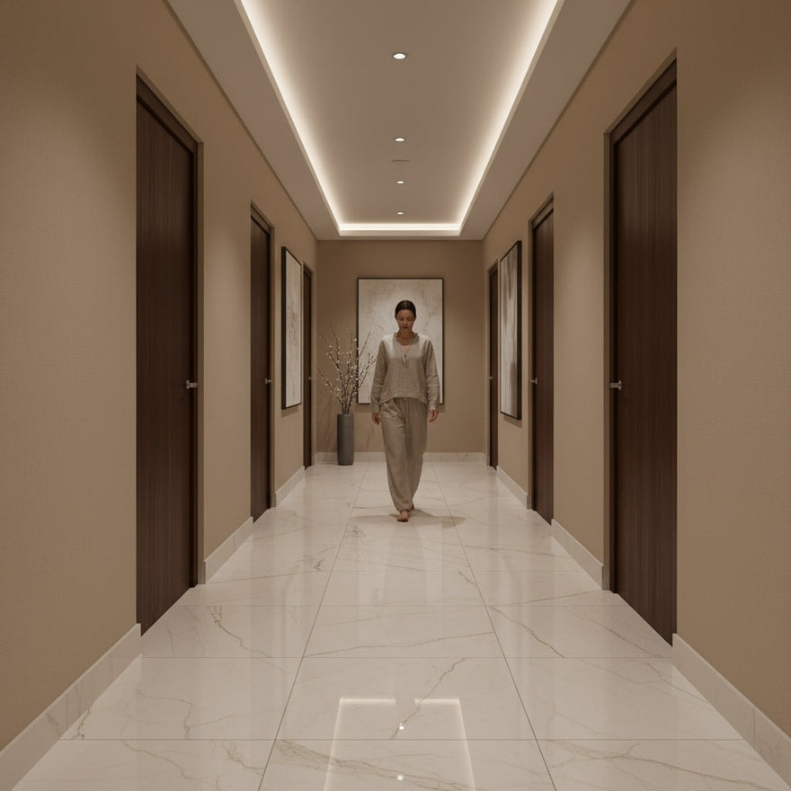 A peaceful apartment hallway with elegant flooring and soft lighting, a person walking barefoot, visually suggesting privacy and tranquility from soundproofed floors.