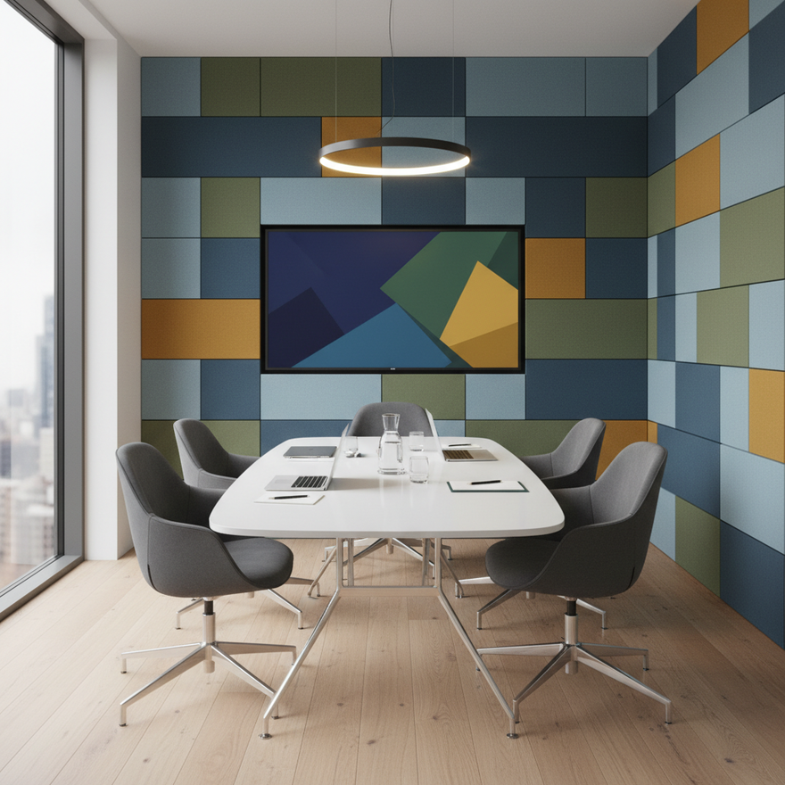 Small modern meeting room in a UK office with several fabric-wrapped acoustic wall panels positioned around the table.
