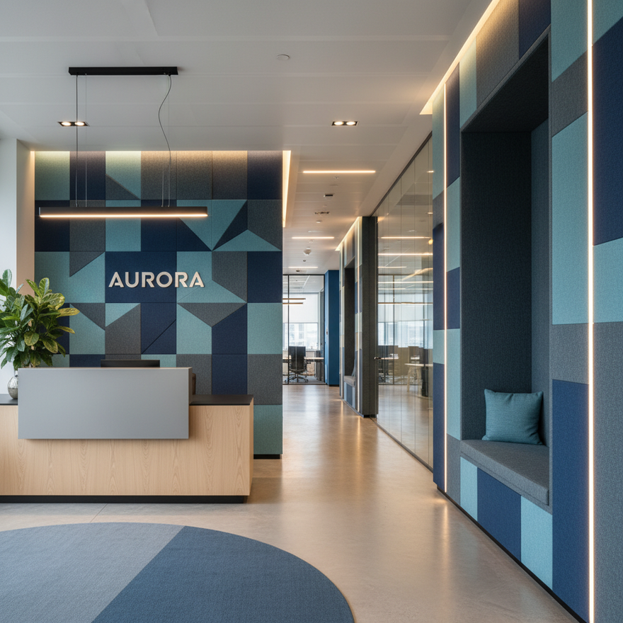 Modern UK office reception and corridor with decorative fabric-wrapped acoustic wall panels in brand colours.